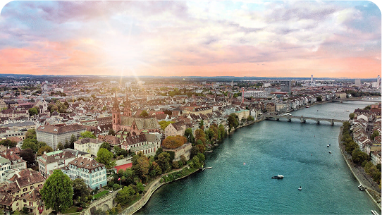 City river view encouraging healthcare professionals to access country-specific NovartisPro information.